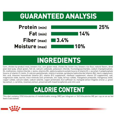 ROYAL CANIN® Mini Adult Dry Dog Food Nutritional label with guaranteed analysis, ingredients, and calorie content for a product.