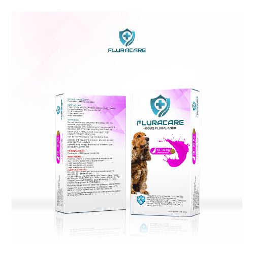 Two product boxes for FLURACARE 1mg Fluralinamer dog medication