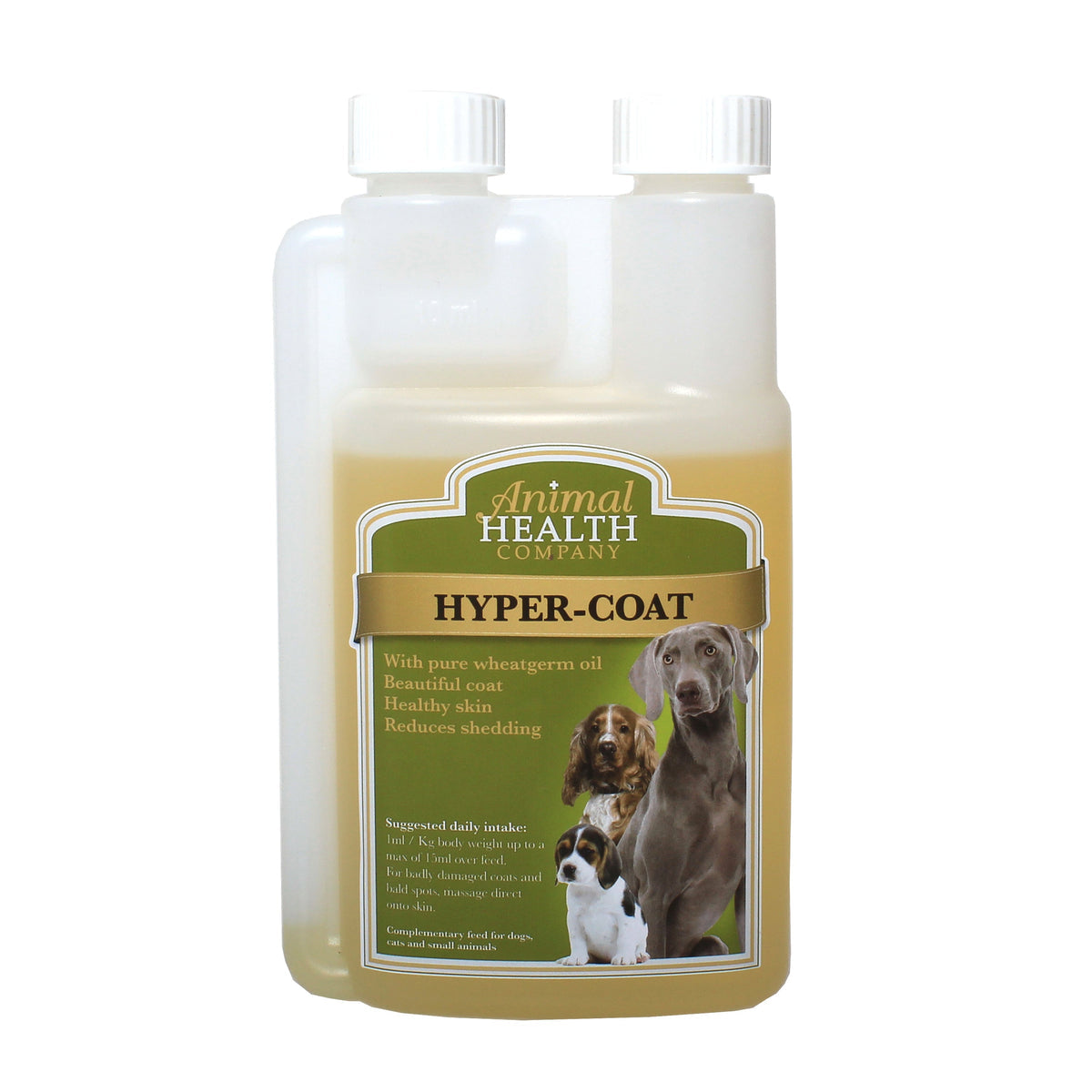 A bottle of Animal Health Company Hyper-Coat dog supplement, featuring a translucent white plastic bottle with a green and gold label and white caps, set against a plain white background.