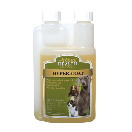 A bottle of Animal Health Company Hyper-Coat dog supplement, featuring a translucent white plastic bottle with a green and gold label and white caps, set against a plain white background.