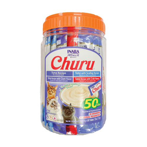 Jar of Inaba Churu cat treats with various flavors 