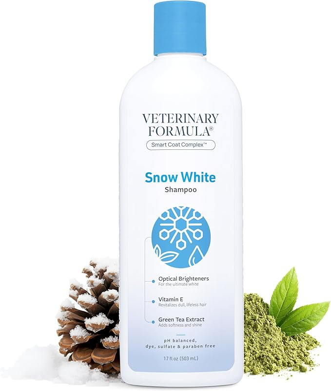 Veterinary Formula Snow White Shampoo bottle with natural elements on a white background