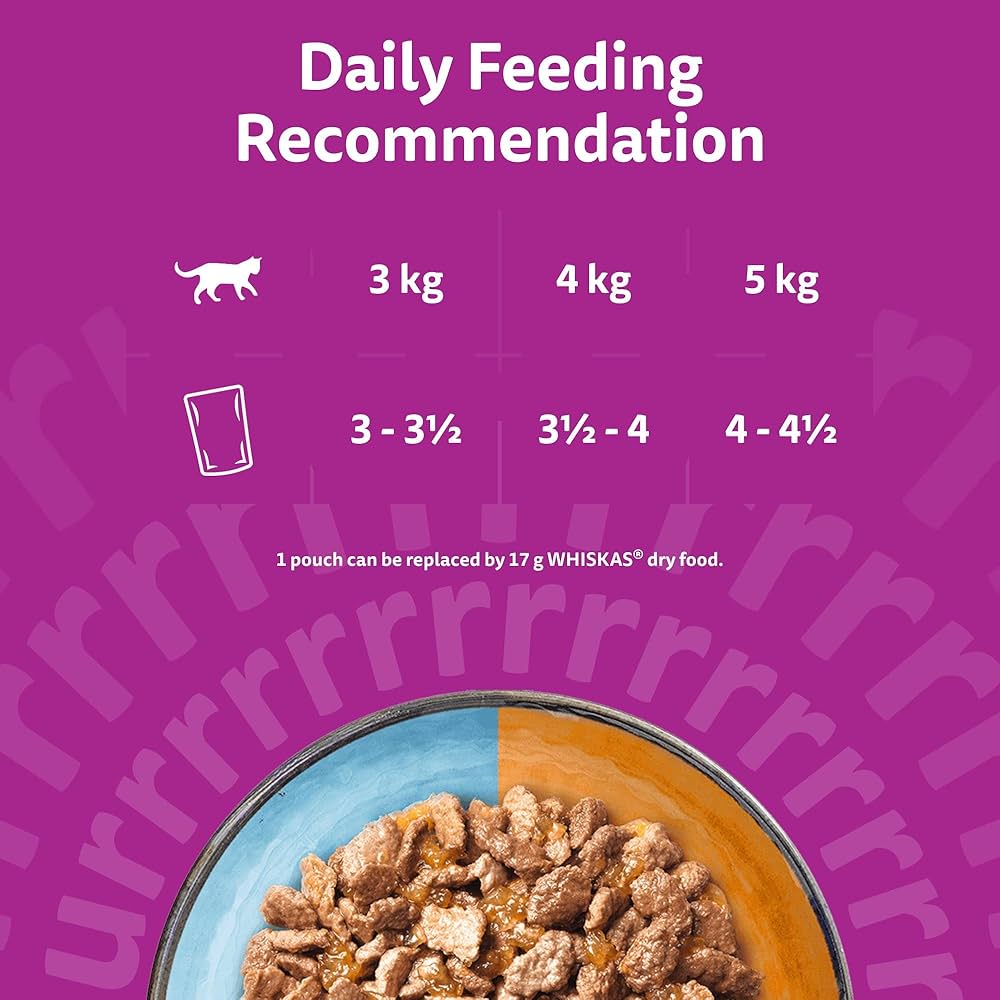 Cat food packaging with daily feeding recommendation chart 